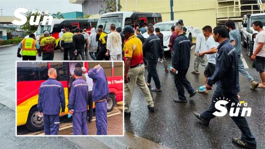 Morobe mining raid netted 150 foreigners for deportation Chinese nationals escorted out of Port Moresby's Jacksons airport onto the detention centre awaiting their deportation.