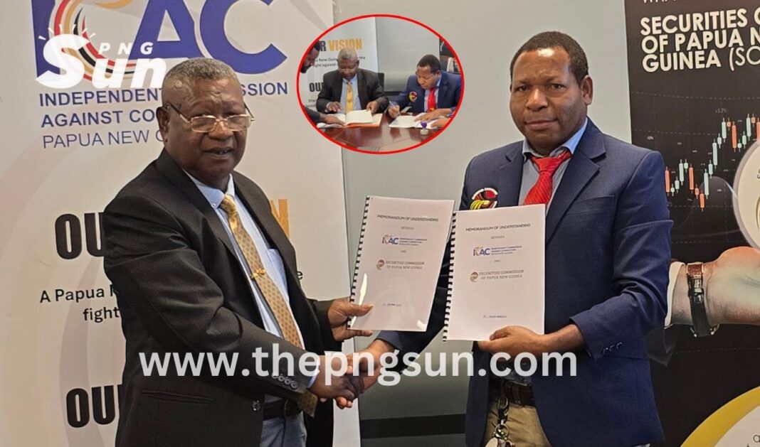 L.R: Acting Commissioner Thomas Eluh and SCPNG Acting CEo James Joshua with the MOU documents after the signing. Inserts: ICAC Acting Commissioner Thomas Eluh and SCPNG Acting CEO James Joshua signed the MoU with both their lawyers as witnesses. Images supplied
