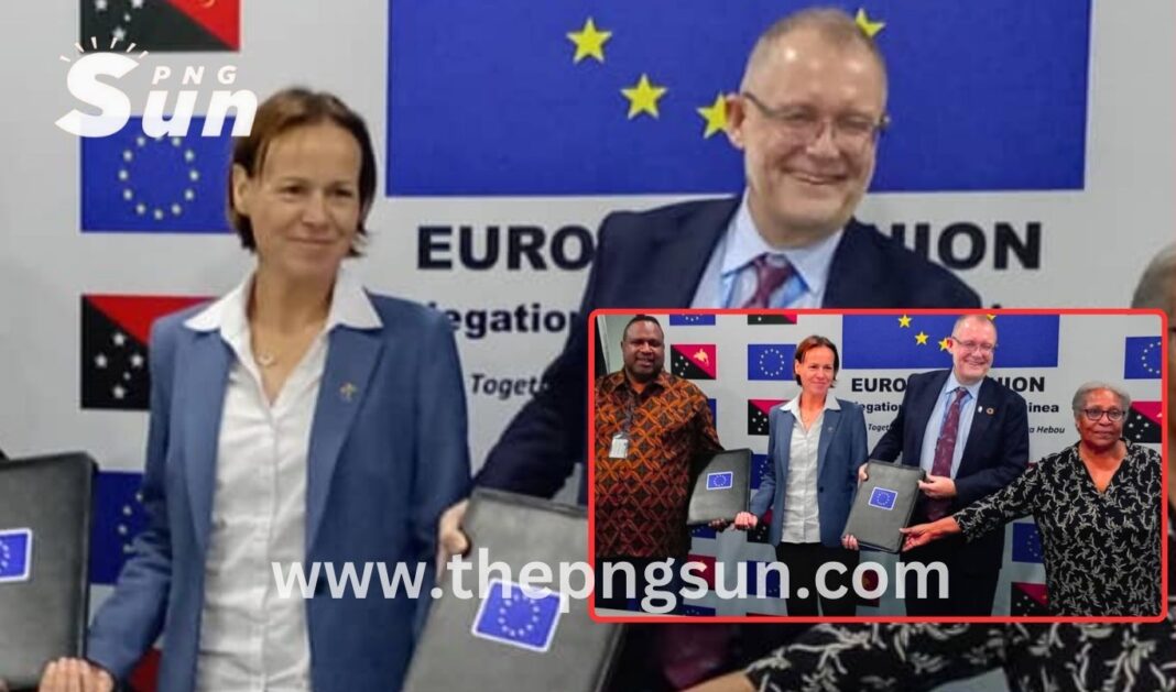 Inserts: (L-R) Smith Sipaka, Associate Program Operation Director of World Vision, H.E. Erika Haszenos, EU Ambassador; Nicholas Booth, UNDP Resident Representative, & Karen Haive, Deputy Secretary for the Department of Community Development and Religion.