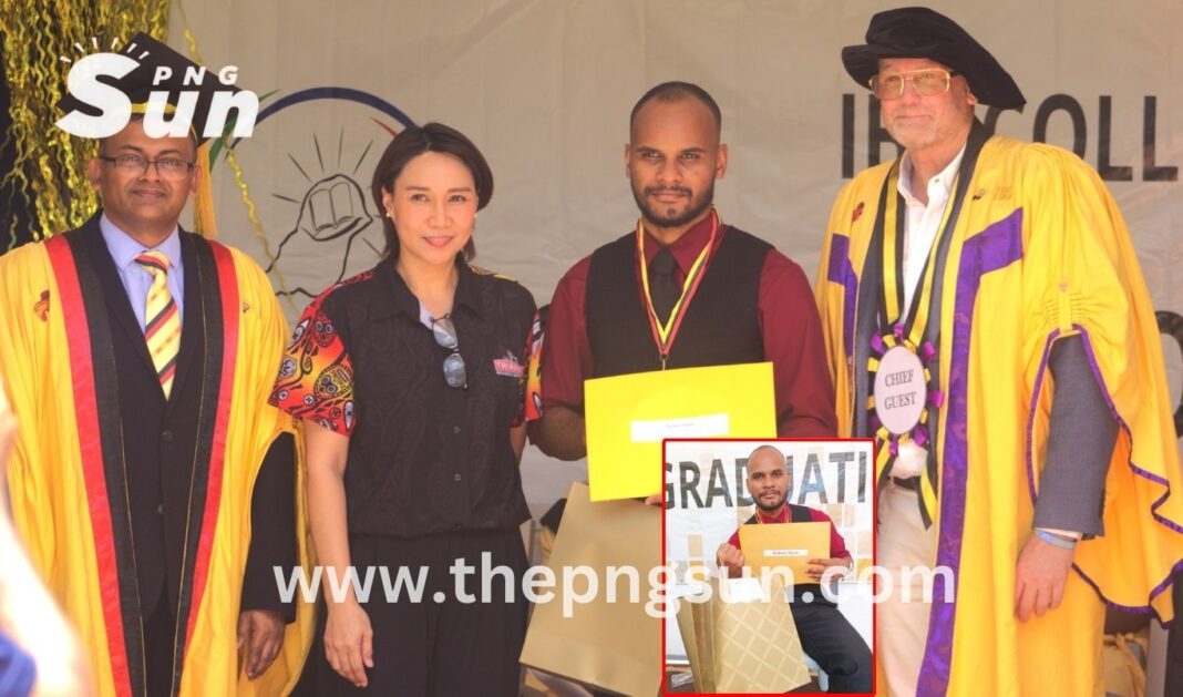 Joshua Skate receiving his excellence award during the IBS Tivet college graduation ceremony at 11 mile, POM. Inserts: Joshua Skate with the award package.
