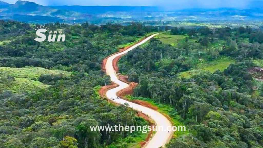 Angore to Tari road seen in the aerial image cutting through the forests.